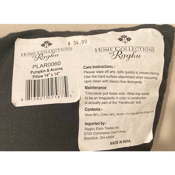 Fall Pumpkin Acorns Pillow 14x14 36 Percent Wool Home Collections Raghu India - Picture 4 of 5